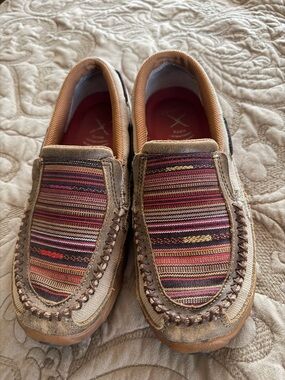 Twisted X Women's Brown Suede Loafers with Multicolor Stripe Panel size 7.5
